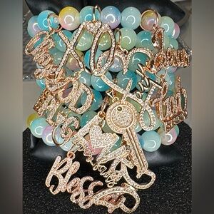 7 Stacked Rose Gold Pave Name & Charm Bracelets with Pastel Glass Beads